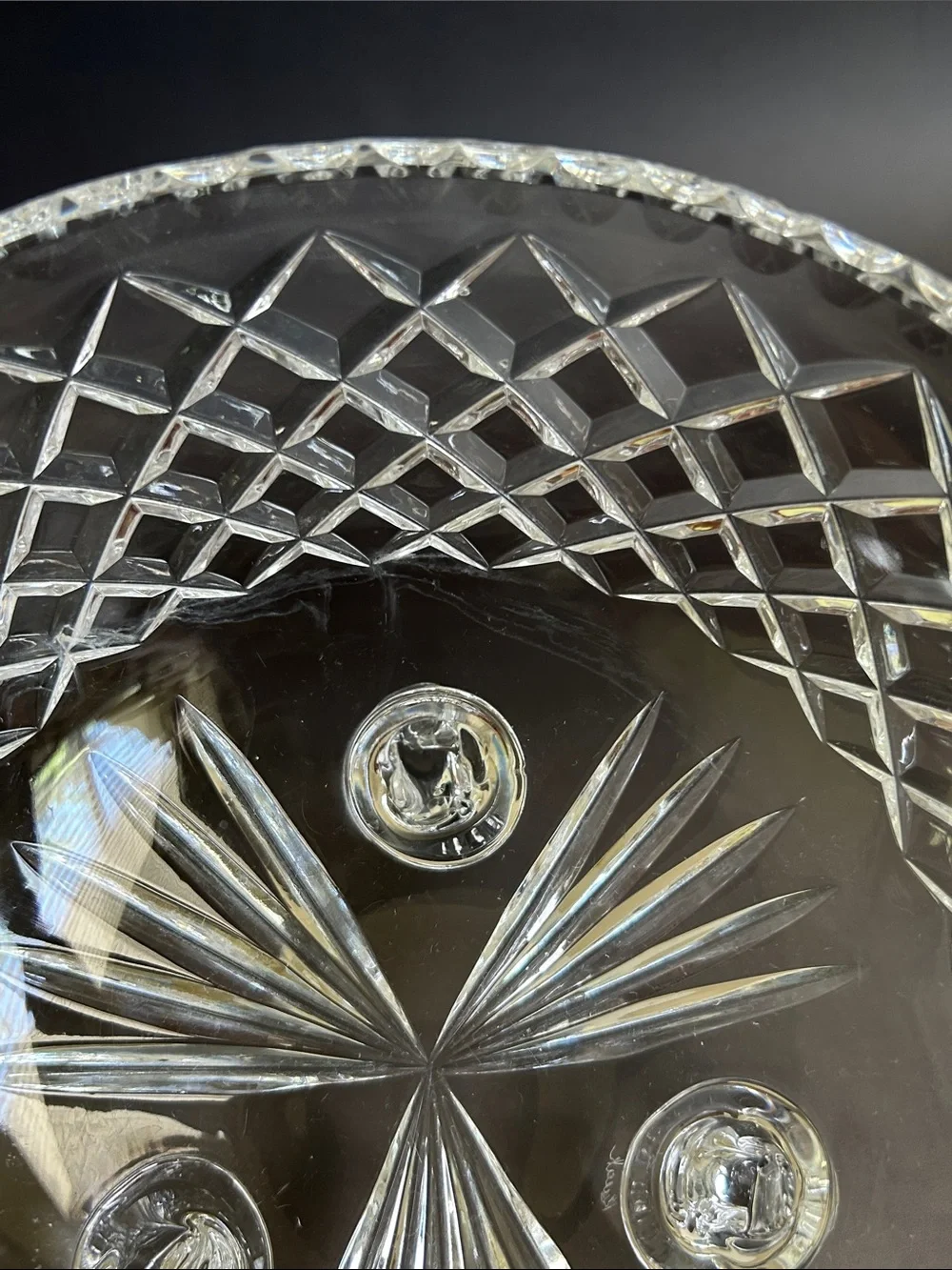 Vintage Kusak Hand Cut Crystal Three-Footed Bowl with Diamond Cut Pattern